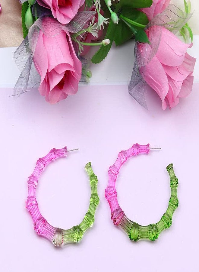 Soyzvteo Colorful Acrylic Bamboo Earrings - 80s 90s Hoop Earrings - Large Chunky Resin Bamboo Jewelry for Women - Green/Pink - Image 2